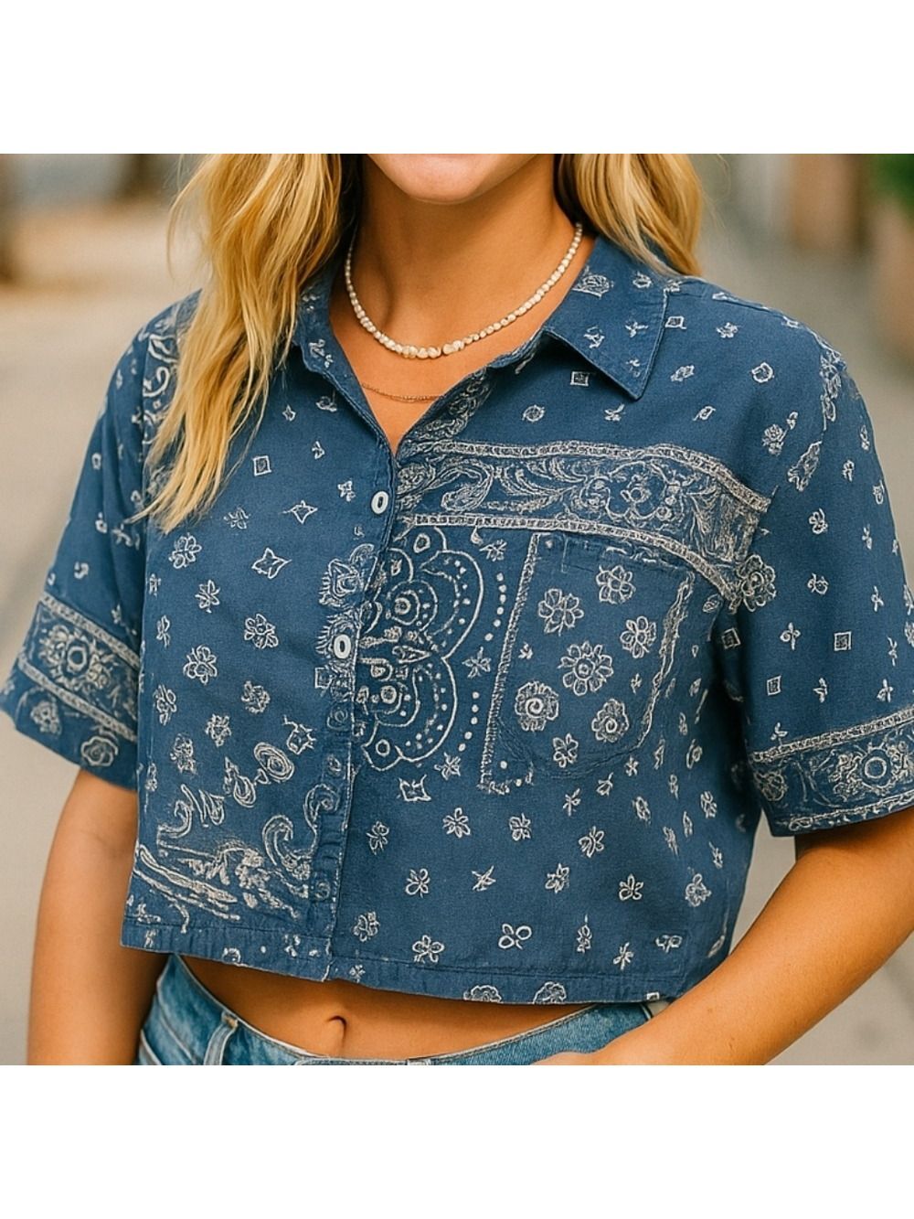 Quiksilver XS Crop Top Blue Bandana Paisley Print Button Down